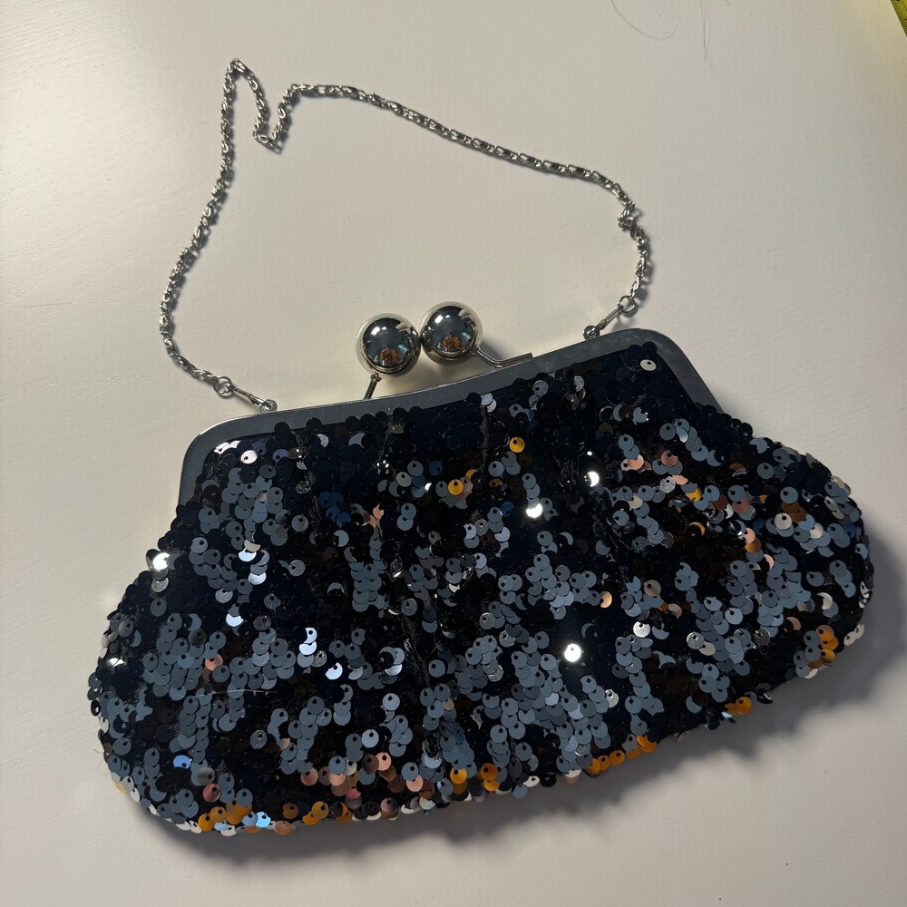 Black Sequin Satin‎ Clutch Bag Silver Wedding Guest Lock Chain Formal Bridal